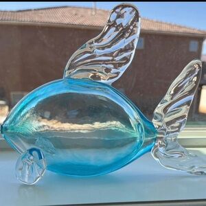 Handblown Blow Fish Glass Signed Clear Blue 6 x8” Glass Fish Sculpture